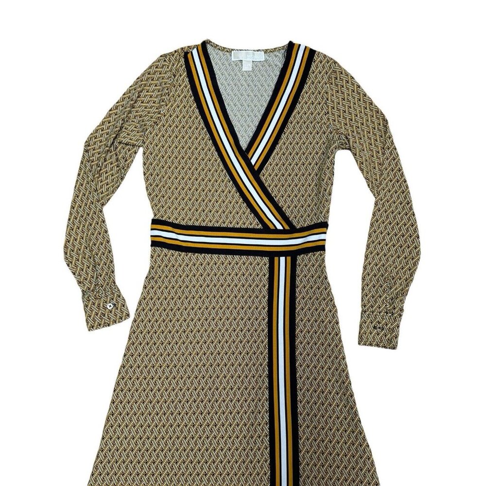 MICHAEL Michael Kors Tan Patterned Wrap Midi Dress with Black and White Stripes - Picture 5 of 11